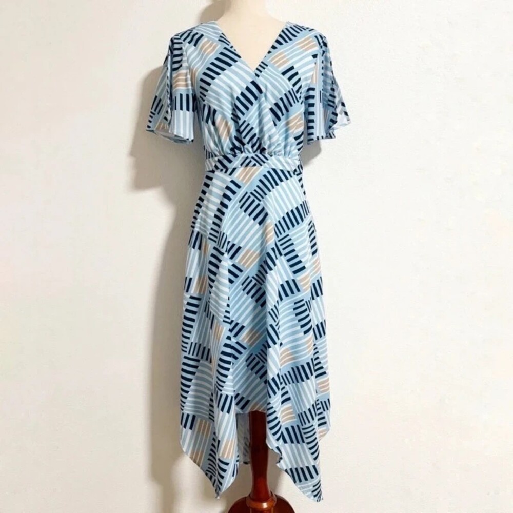 Striped ruffled sleeve handkerchief hem dress